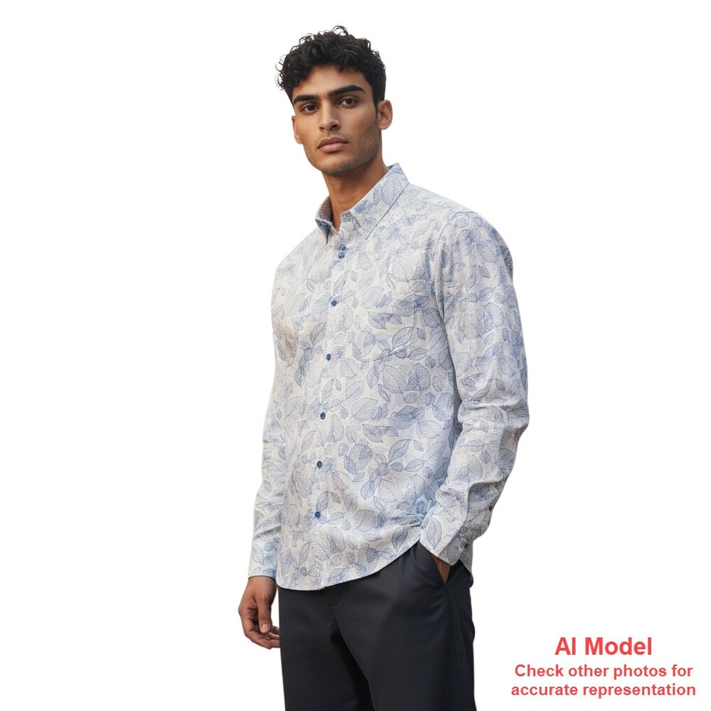 English Laundry Mens XL L/S Dress Shirt Leaf Pattern Blue White Cotton